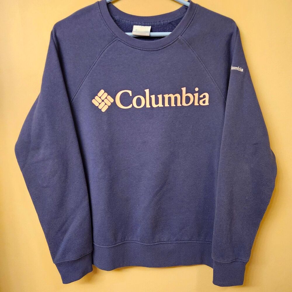 Columbia Womens M Fleece Crewneck Sweatshirt Blue Pink Logo Graphic Print